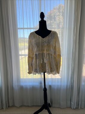 Style & Co. Cream Lace Eyelet Peasant Blouse with Tassel Tie
